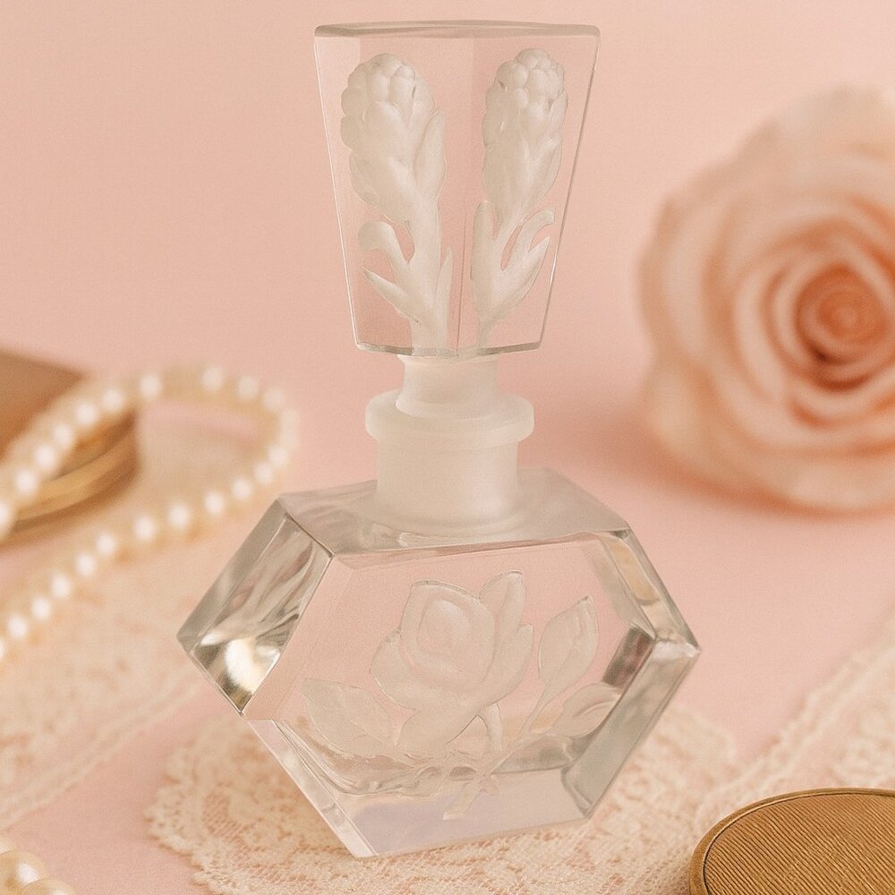 Vintage Czech Crystal Perfume Bottle – Frosted Intaglio Floral Design